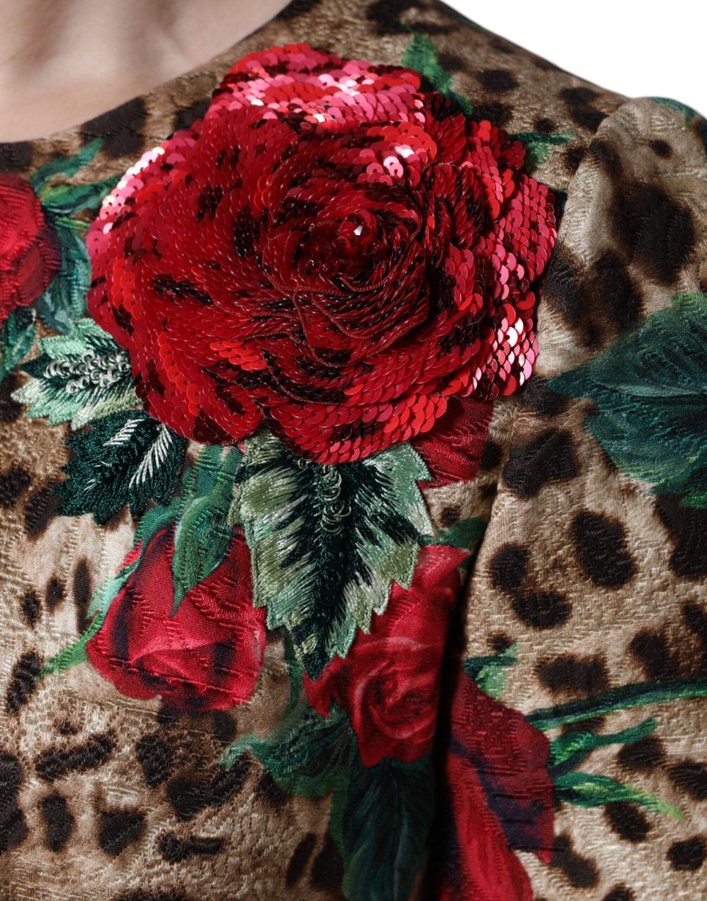 Brown Leopard Red Roses Cotton A-line Dress-Dolce & Gabbana-LabelTerrace.com
