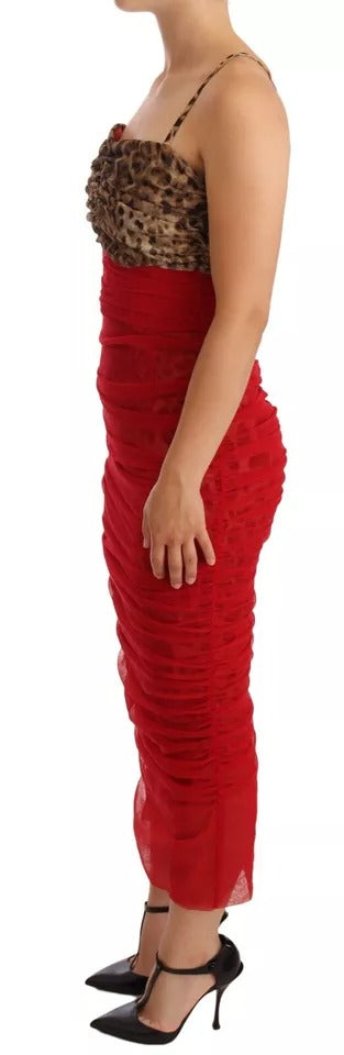 Brown Leopard Red Tulle Sheath Midi Dress-Dolce & Gabbana-LabelTerrace.com