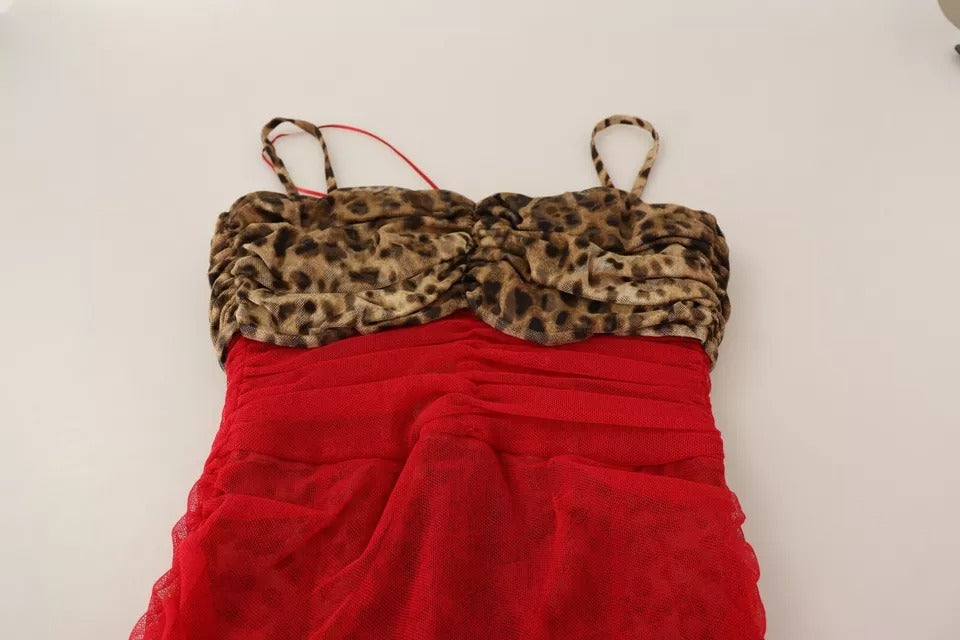 Brown Leopard Red Tulle Sheath Midi Dress-Dolce & Gabbana-LabelTerrace.com