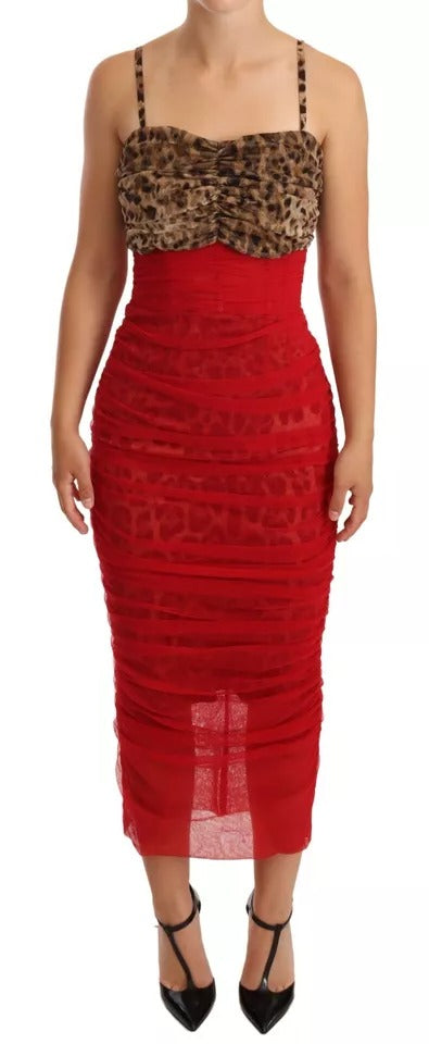 Brown Leopard Red Tulle Sheath Midi Dress-Dolce & Gabbana-LabelTerrace.com