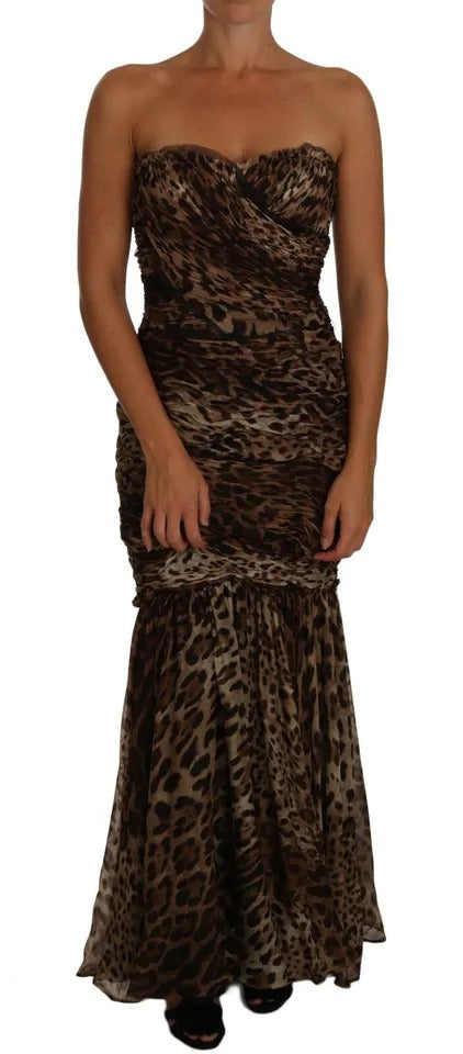 Brown Leopard Silk Chiffon Ruched Mermaid Maxi Dress-Dolce & Gabbana-LabelTerrace.com