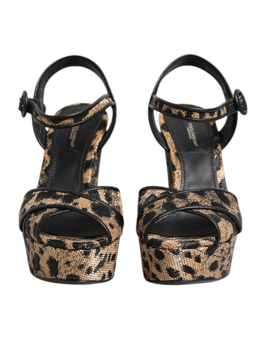 Brown Leopard Wedges Ankle Strap Sandals Shoes-Dolce & Gabbana-LabelTerrace.com