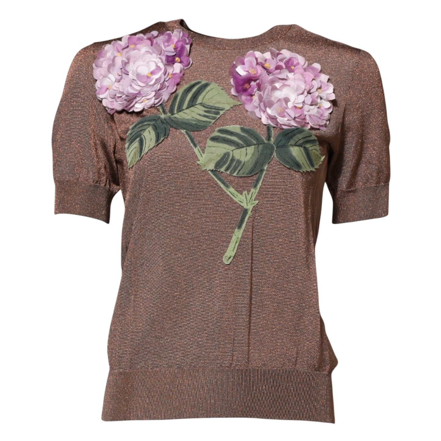 Brown Lily Embellished Round Neck Blouse Top-Dolce & Gabbana-LabelTerrace.com
