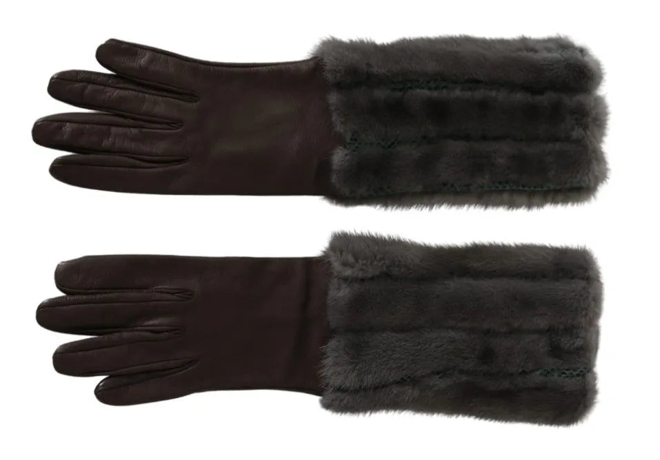 Brown Mid Arm Length Leather Fur Gloves-Dolce & Gabbana-LabelTerrace.com