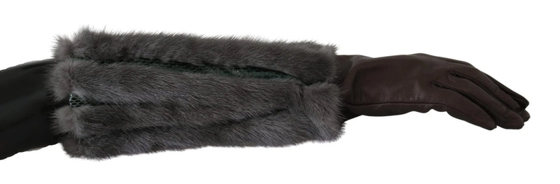 Brown Mid Arm Length Leather Fur Gloves-Dolce & Gabbana-LabelTerrace.com