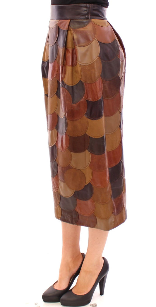 Brown Patchwork Leather Straight Skirt-Dolce & Gabbana-LabelTerrace.com