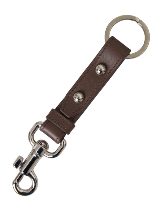 Brown Plain Leather Silver Brass Keyring Holder Keychain-Dolce & Gabbana-LabelTerrace.com