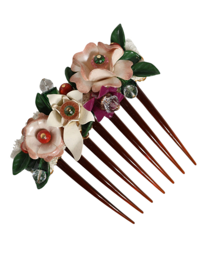 Brown Plastic Crystal Floral Women Hair Comb-Dolce & Gabbana-LabelTerrace.com