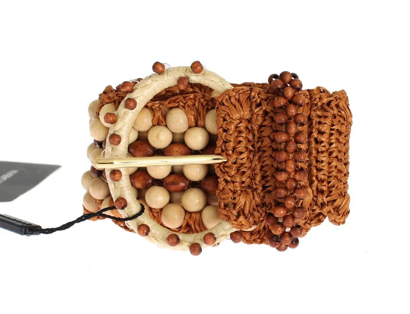 Brown Raffia Wood Beaded Wide Waist Belt-Dolce & Gabbana-LabelTerrace.com
