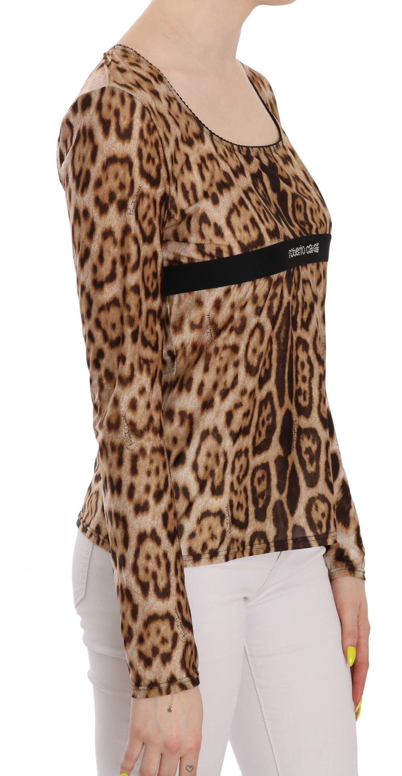Brown Round Neck Leopard Women Top Blouse-Roberto Cavalli-LabelTerrace.com