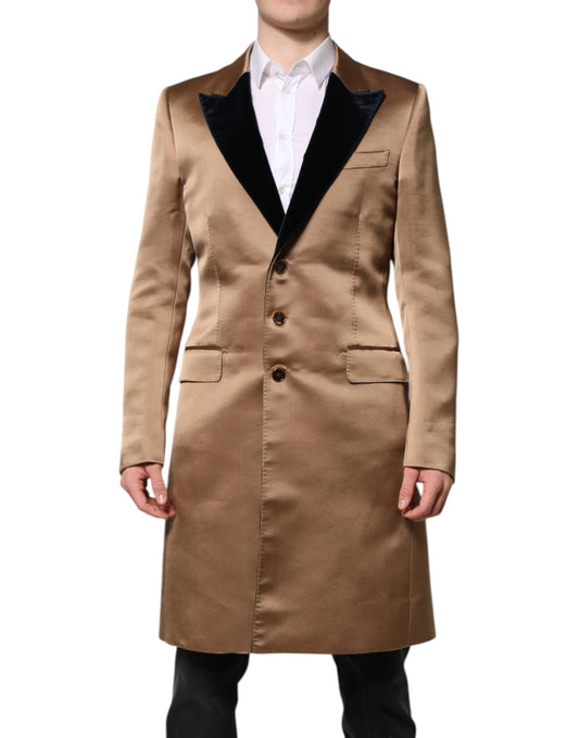 Brown Silk Single Breasted Trench Coat Jacket-Dolce & Gabbana-LabelTerrace.com