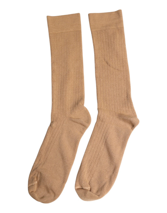 Brown Solid Cotton Mid Calf Men Socks-Dolce & Gabbana-LabelTerrace.com