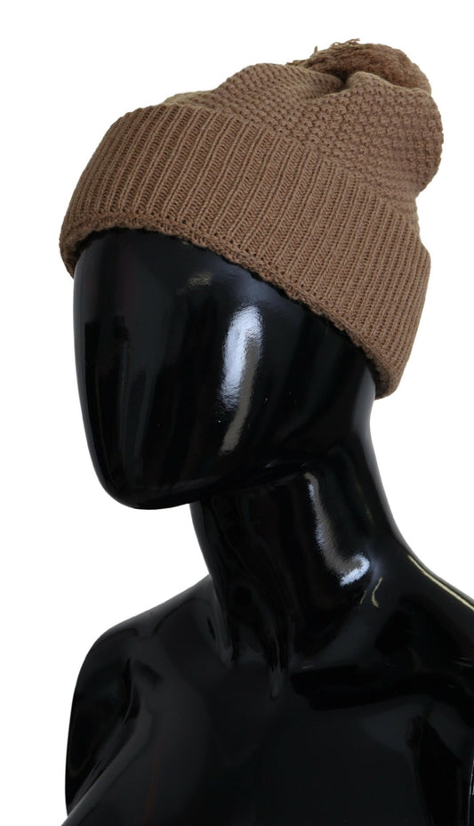 Brown Solid Knitted Fur Ball Winter Beanie Hat-Dolce & Gabbana-LabelTerrace.com