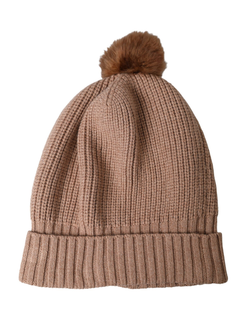 Brown Solid Knitted Fur Ball Winter Beanie Hat-Dolce & Gabbana-LabelTerrace.com
