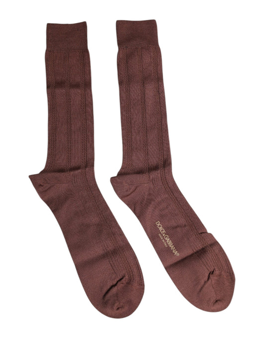 Brown Stretch Logo Print Mid Calf Socks-Dolce & Gabbana-LabelTerrace.com