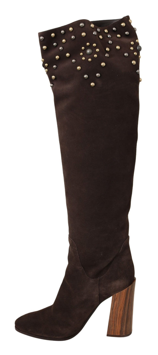 Brown Suede Studded Knee High Shoes Boots-Dolce & Gabbana-LabelTerrace.com