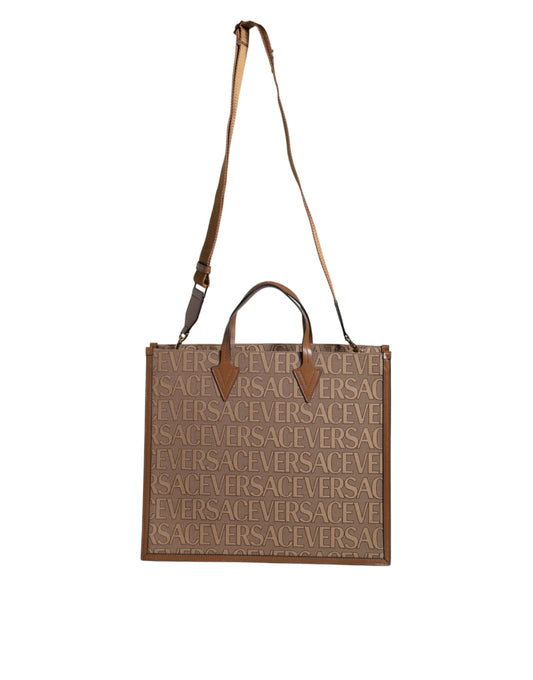 Brown Top Handle Jacquard Leather Logo Crossbody Tote Bag-Versace-LabelTerrace.com