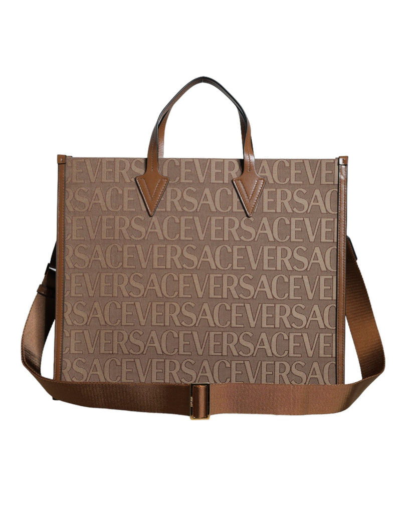 Brown Top Handle Jacquard Leather Logo Crossbody Tote Bag-Versace-LabelTerrace.com