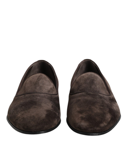 Brown Velvet Leather Slip On Loafers Shoes-Dolce & Gabbana-LabelTerrace.com