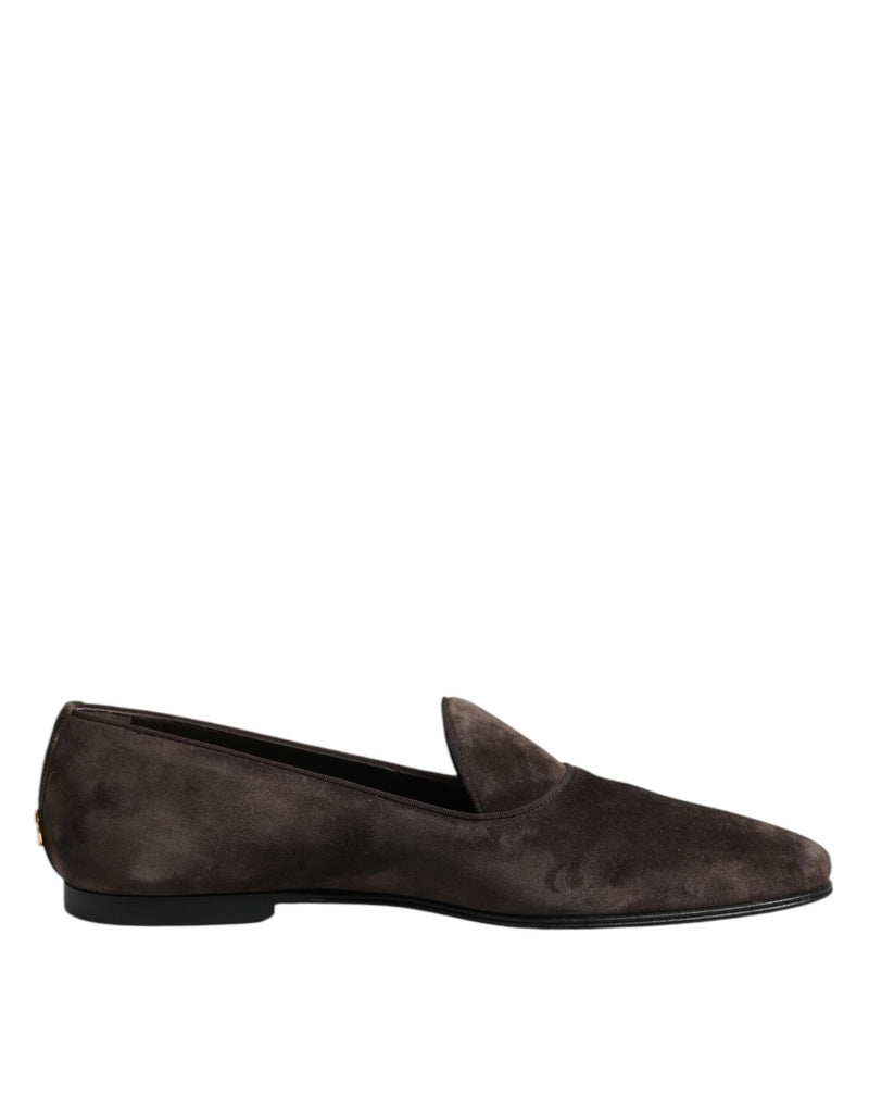 Brown Velvet Leather Slip On Loafers Shoes-Dolce & Gabbana-LabelTerrace.com