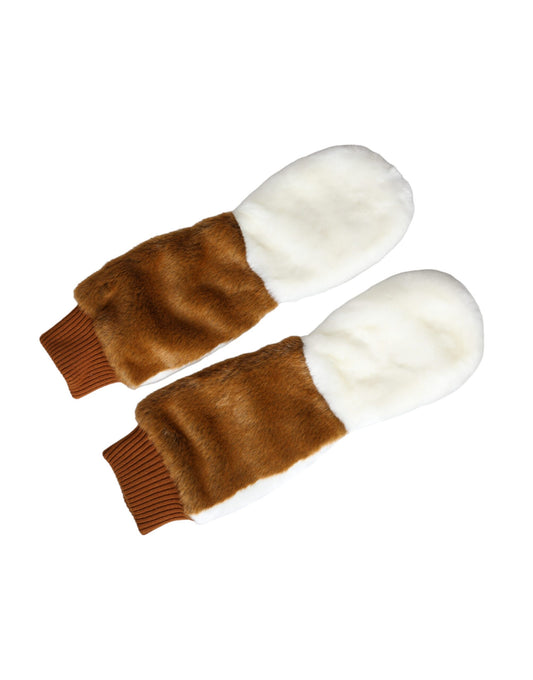 Brown White Acrylic Knitted Fur Mitten Gloves-Dolce & Gabbana-LabelTerrace.com