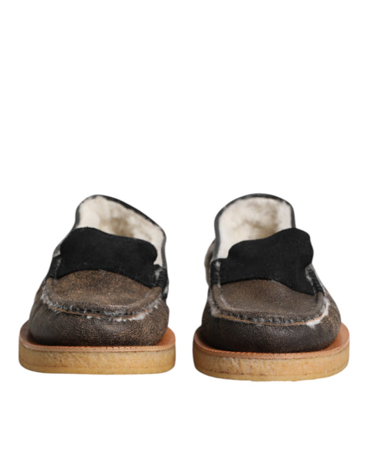 Brown White Calfskin Leather Loafers Shoes-Dolce & Gabbana-LabelTerrace.com