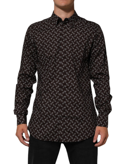 BrownFloral Collared GOLD Formal Dress Shirt-Dolce & Gabbana-LabelTerrace.com