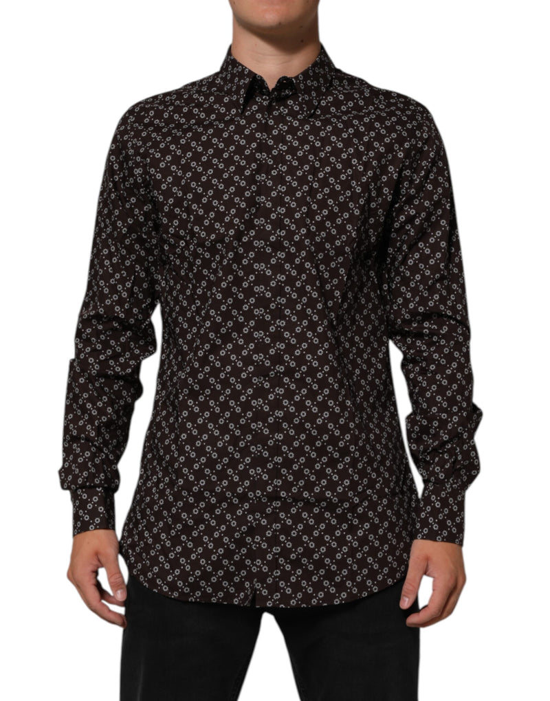 BrownFloral Collared GOLD Formal Dress Shirt-Dolce & Gabbana-LabelTerrace.com