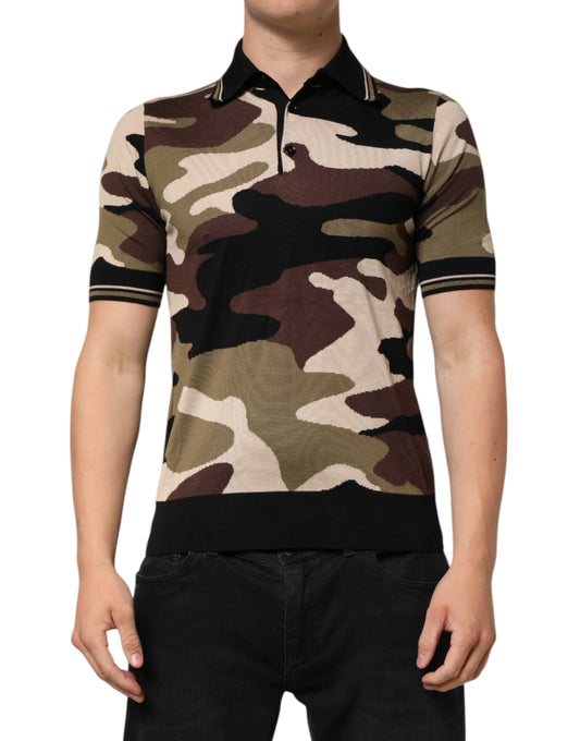 Camouflage Brown Silk MilitaryPolo T-shirt-Dolce & Gabbana-LabelTerrace.com