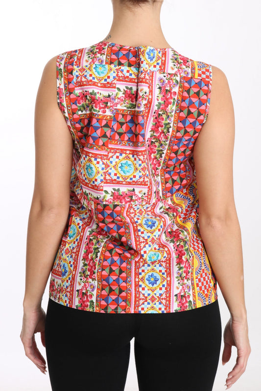 Carretto Print Pure Cotton Tank Top Floral Blouse-Dolce & Gabbana-LabelTerrace.com