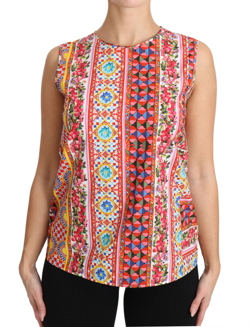 Carretto Print Pure Cotton Tank Top Floral Blouse-Dolce & Gabbana-LabelTerrace.com