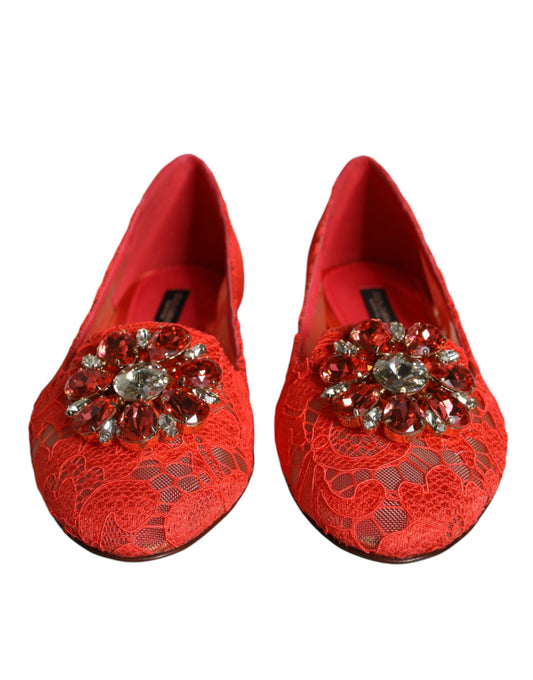 Coral Lace Crystal Ballet Flats Loafers Shoes-Dolce & Gabbana-LabelTerrace.com