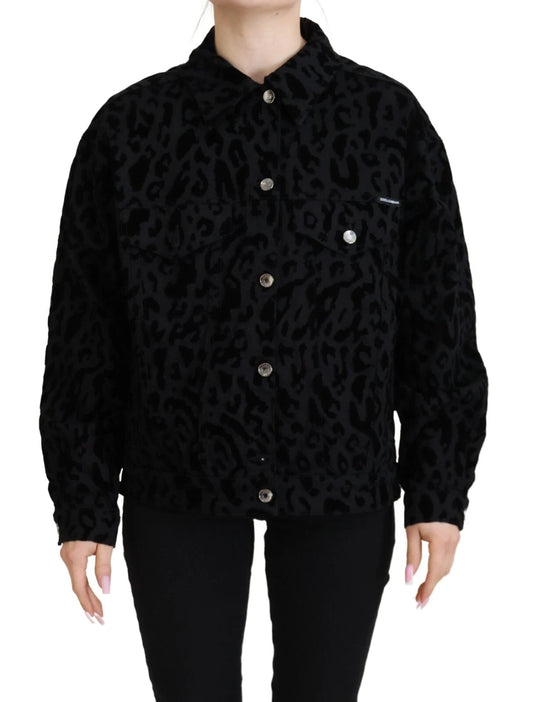 Cotton Black Leopard Long Sleeve Denim Jacket-Dolce & Gabbana-LabelTerrace.com