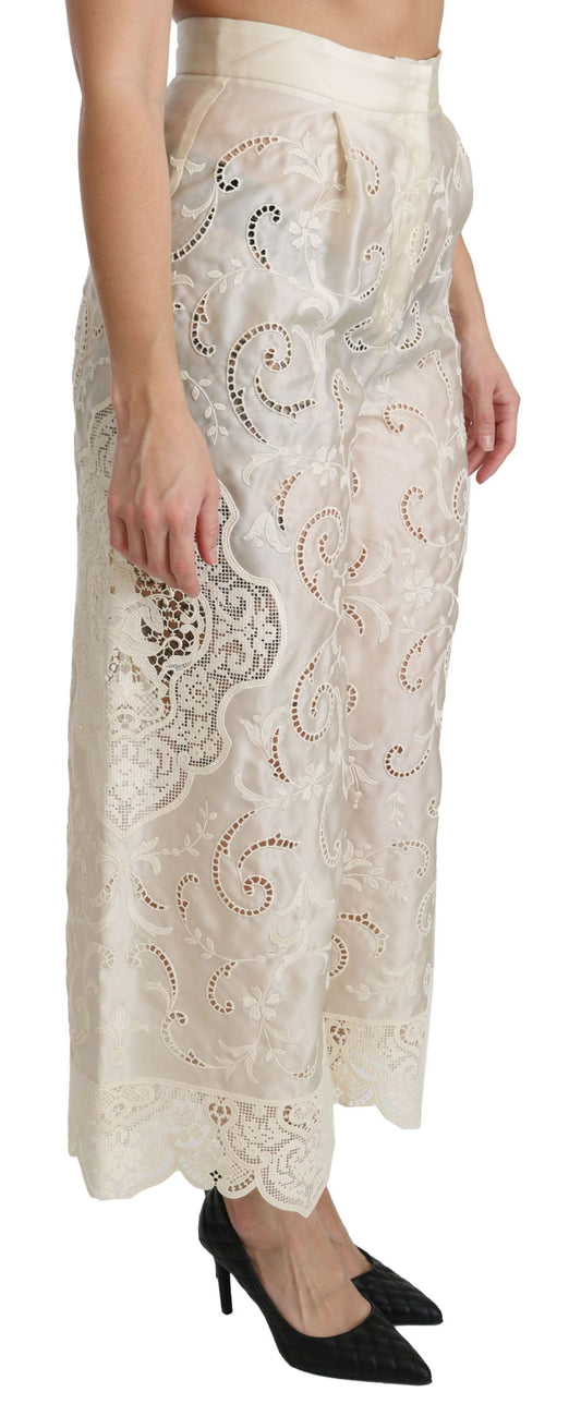 Cream Lace High Waist Palazzo Cropped Pants-Dolce & Gabbana-LabelTerrace.com