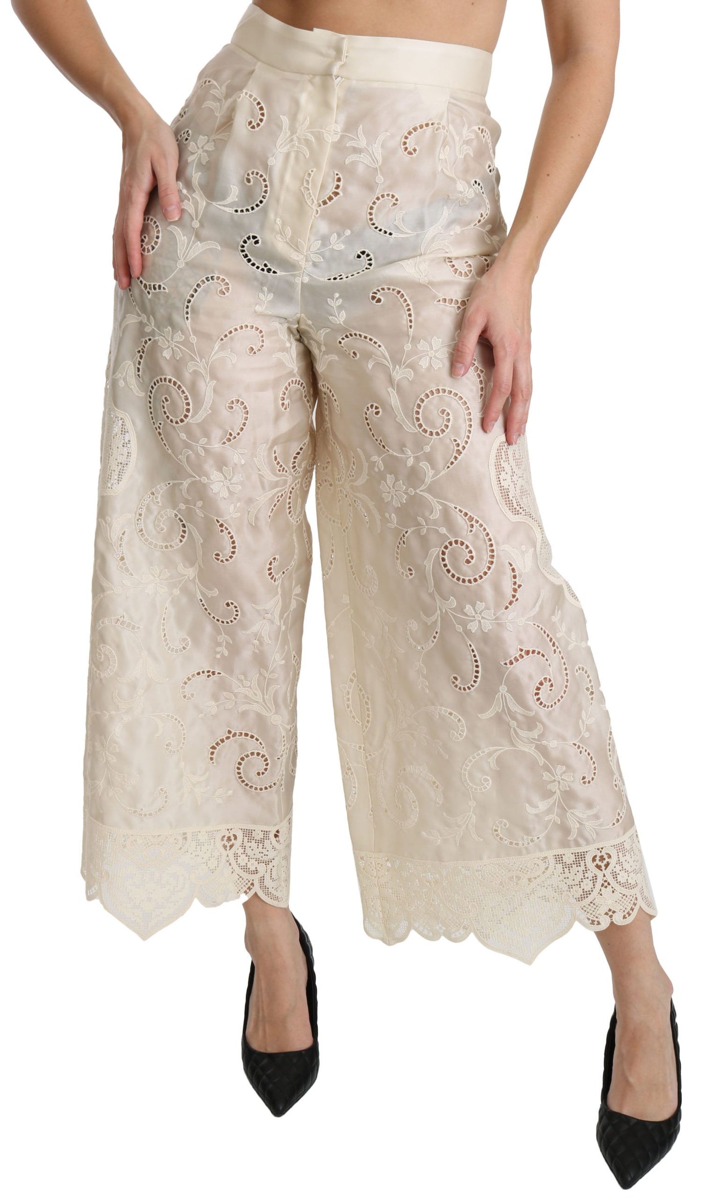 Cream Lace High Waist Palazzo Cropped Pants-Dolce & Gabbana-LabelTerrace.com