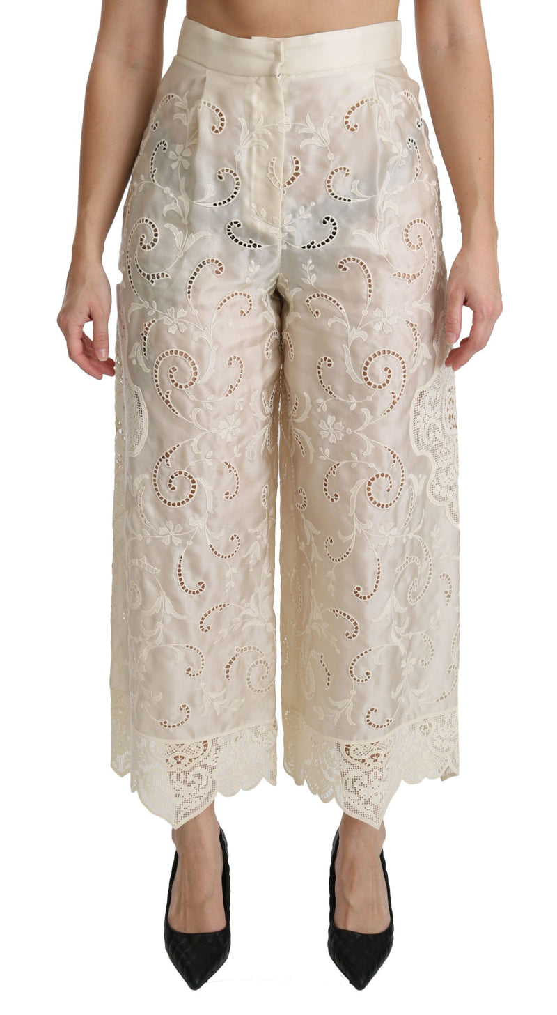Cream Lace High Waist Palazzo Cropped Pants-Dolce & Gabbana-LabelTerrace.com