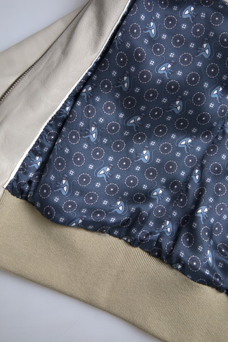 Cream Leather Bomber Blouson Full Zip Jacket-Dolce & Gabbana-LabelTerrace.com