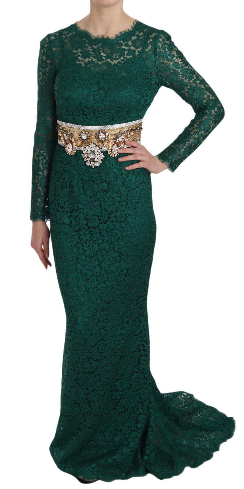 Crystal Gold Belt Lace Sheath Gown Dress-Dolce & Gabbana-LabelTerrace.com