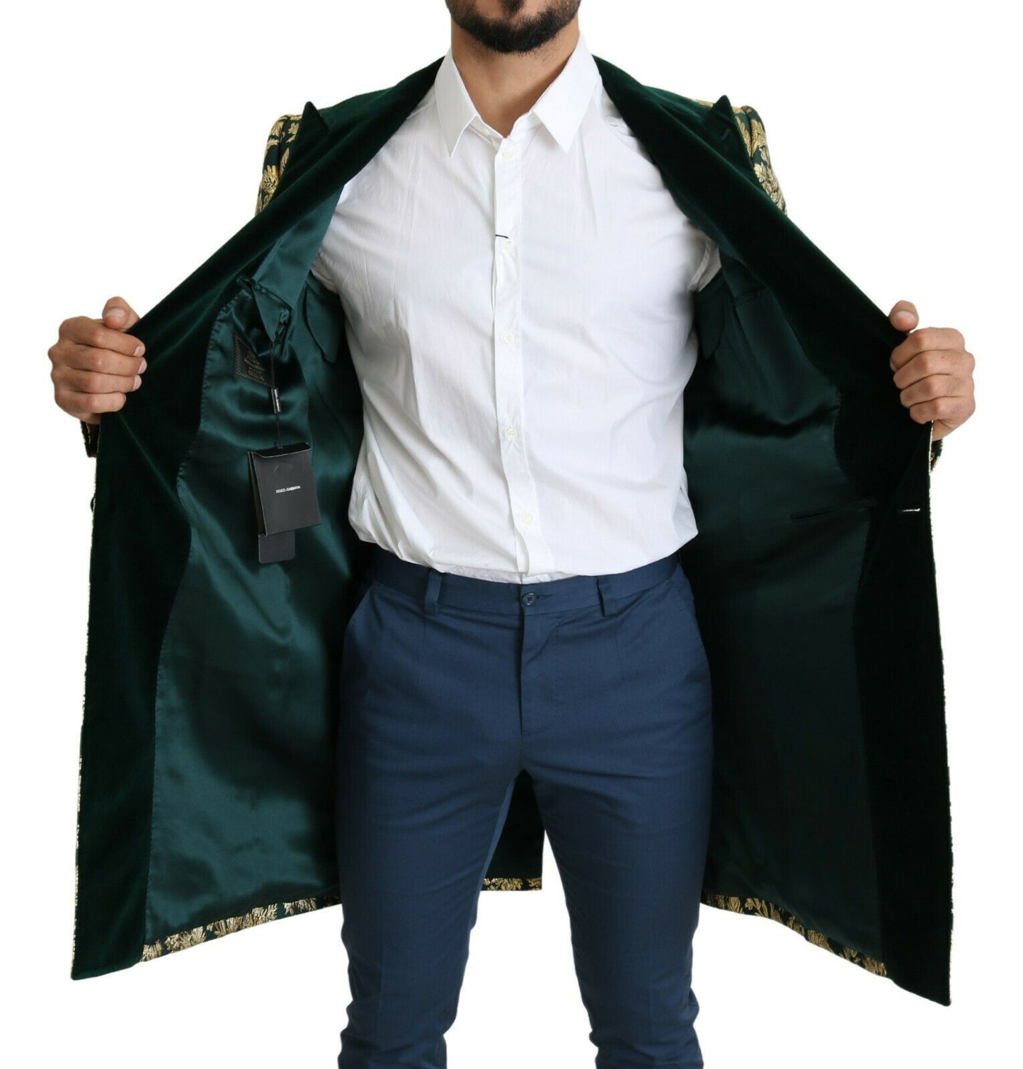 DOLCE & GABBANA Jacket SICILIA Green Gold Jacquard Long Coat-Dolce & Gabbana-LabelTerrace.com