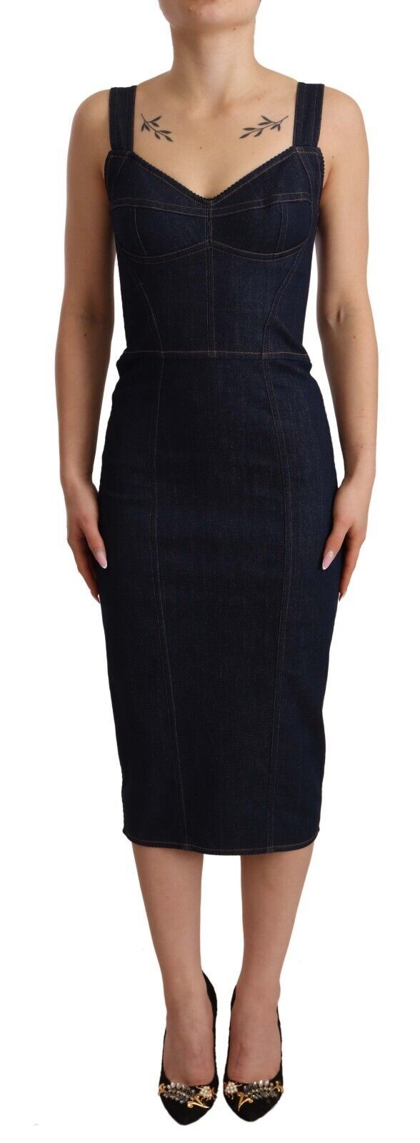 Dark Blue Cotton Denim Sheath Midi Dress-Dolce & Gabbana-LabelTerrace.com