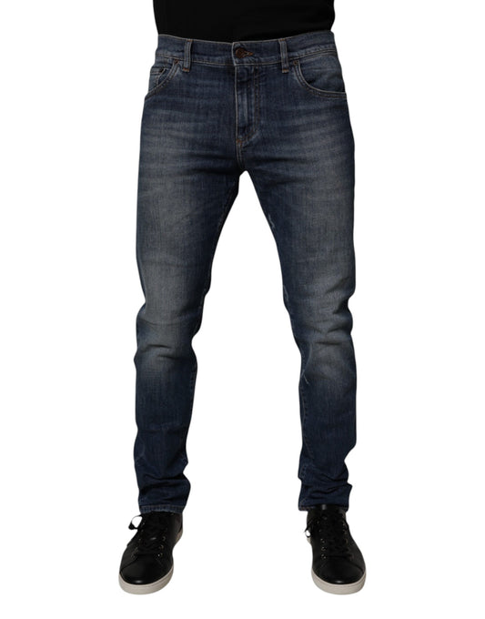 Dark Blue Cotton Leather Skinny Denim Jeans-Dolce & Gabbana-LabelTerrace.com