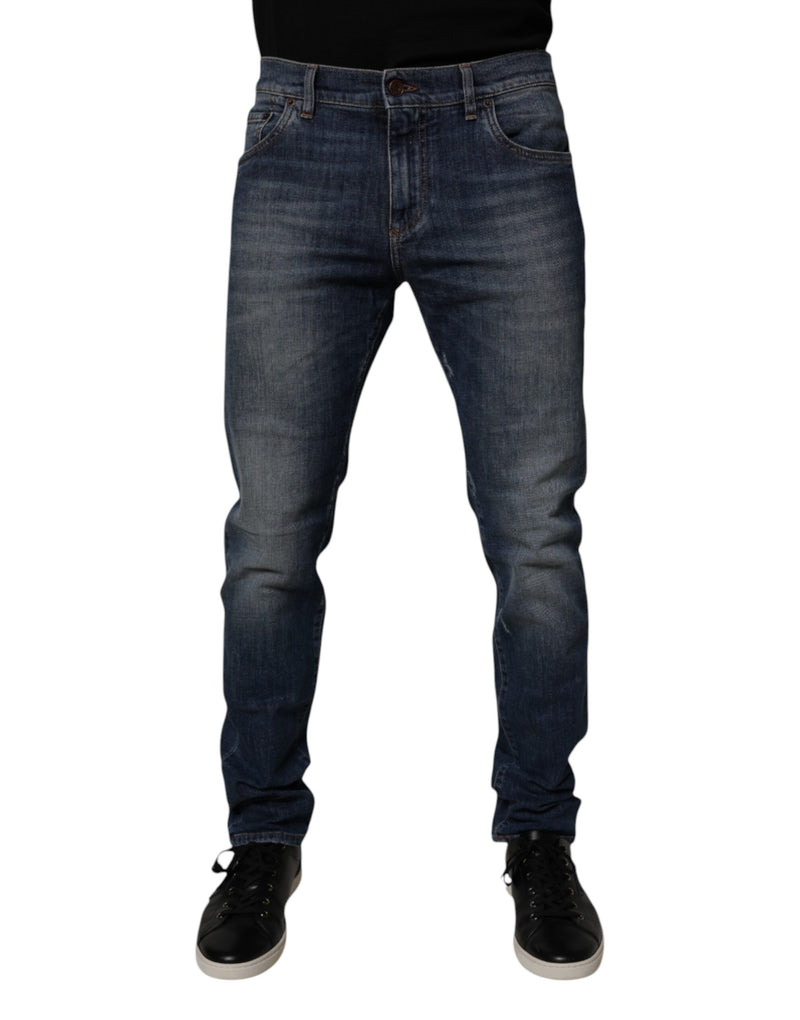 Dark Blue Cotton Leather Skinny Denim Jeans-Dolce & Gabbana-LabelTerrace.com