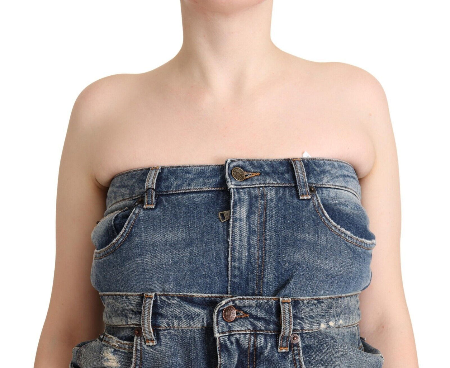 Dark Blue Cotton Strapless Denim Jumpsuit Dress-Dolce & Gabbana-LabelTerrace.com