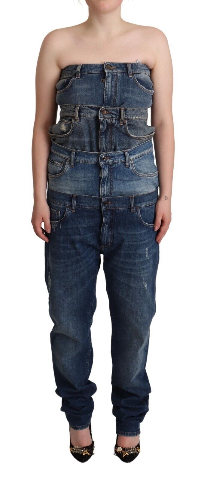 Dark Blue Cotton Strapless Denim Jumpsuit Dress-Dolce & Gabbana-LabelTerrace.com