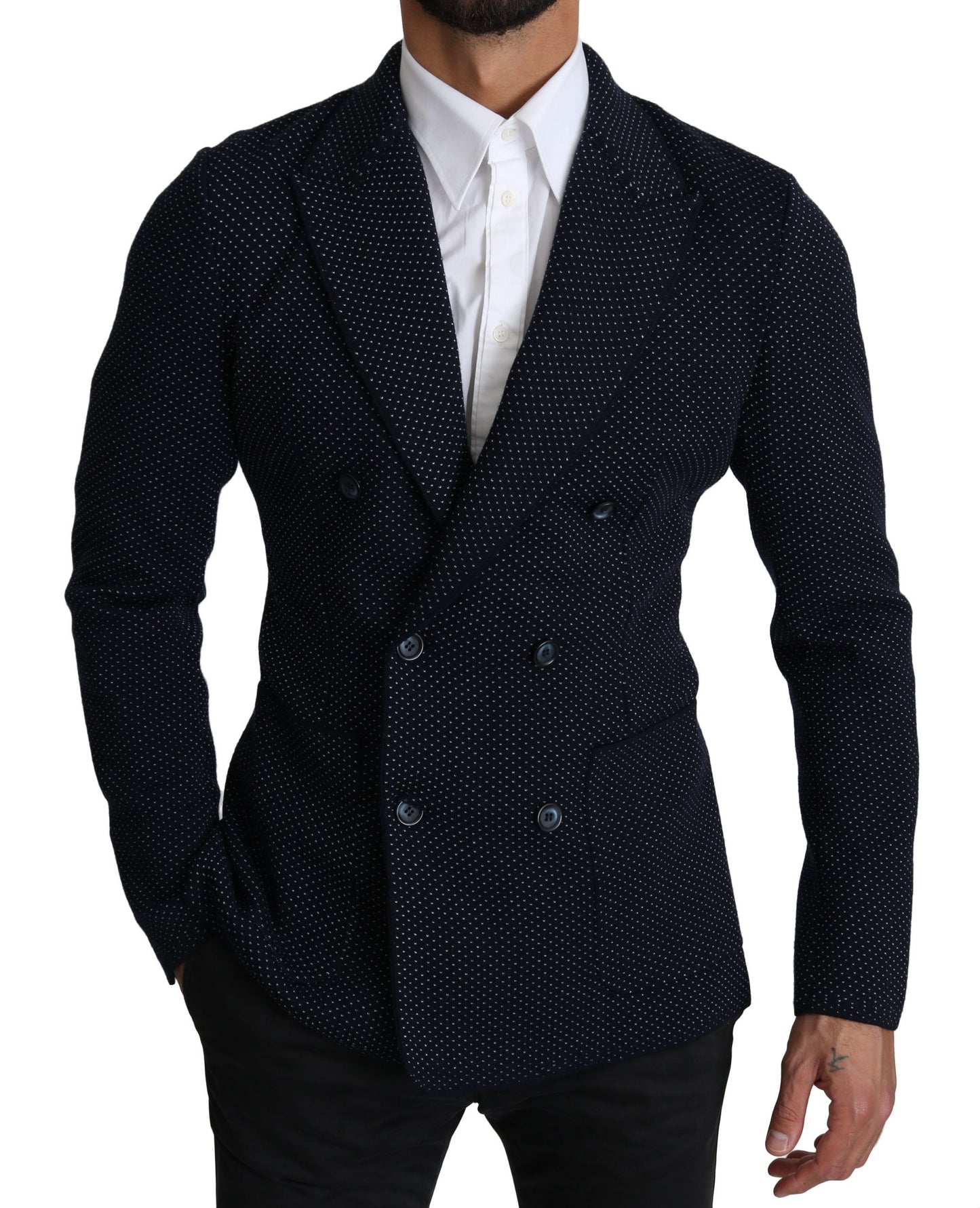Dark Blue Dotted Double Breasted Coat Blazer-Dolce & Gabbana-LabelTerrace.com
