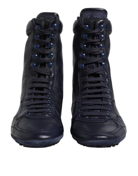Dark Blue Leather KING High Top Sneakers Shoes-Dolce & Gabbana-LabelTerrace.com