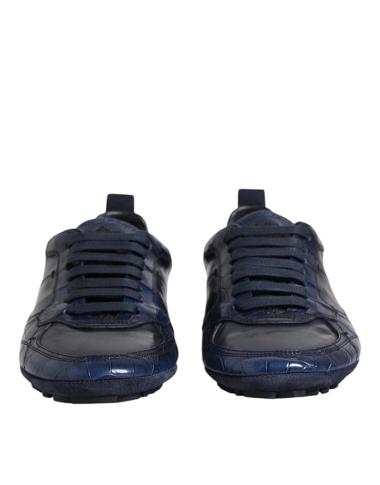 Dark Blue Leather Low Top Men Sneakers Shoes-Dolce & Gabbana-LabelTerrace.com