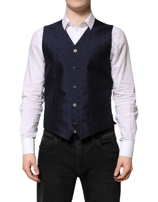 Dark Blue Logo Wool Formal Men Waistcoat Vest-Dolce & Gabbana-LabelTerrace.com