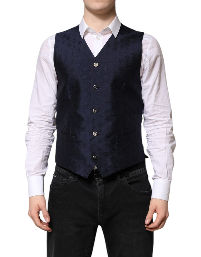 Dark Blue Logo Wool Formal Men Waistcoat Vest-Dolce & Gabbana-LabelTerrace.com