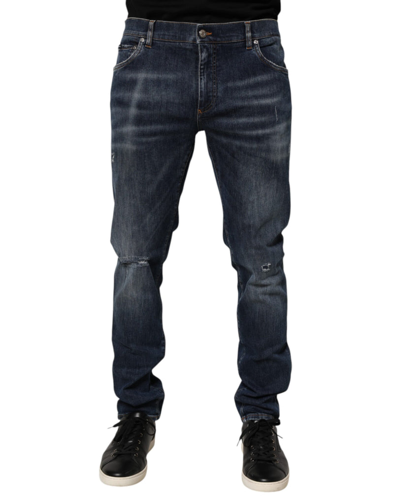 Dark Blue Washed Running Ripped Denim Jeans-Dolce & Gabbana-LabelTerrace.com